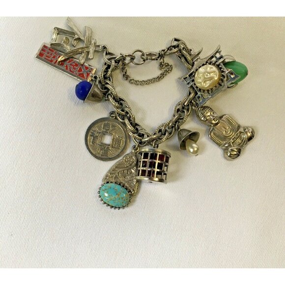 Vintage Chinese Charm Bracelet Loaded Tea House Buddha Dragon Enamel Silver Tone - Picture 4 of 4
